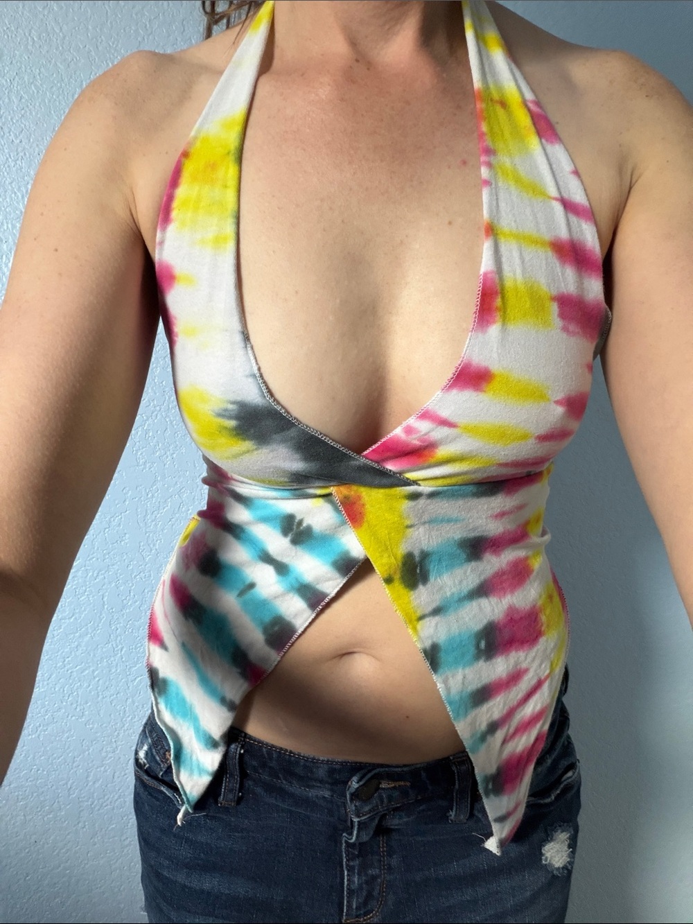 Nasty Gal Tie-Dye Halter Crop Top in Yellow Pink Blue Size S/M